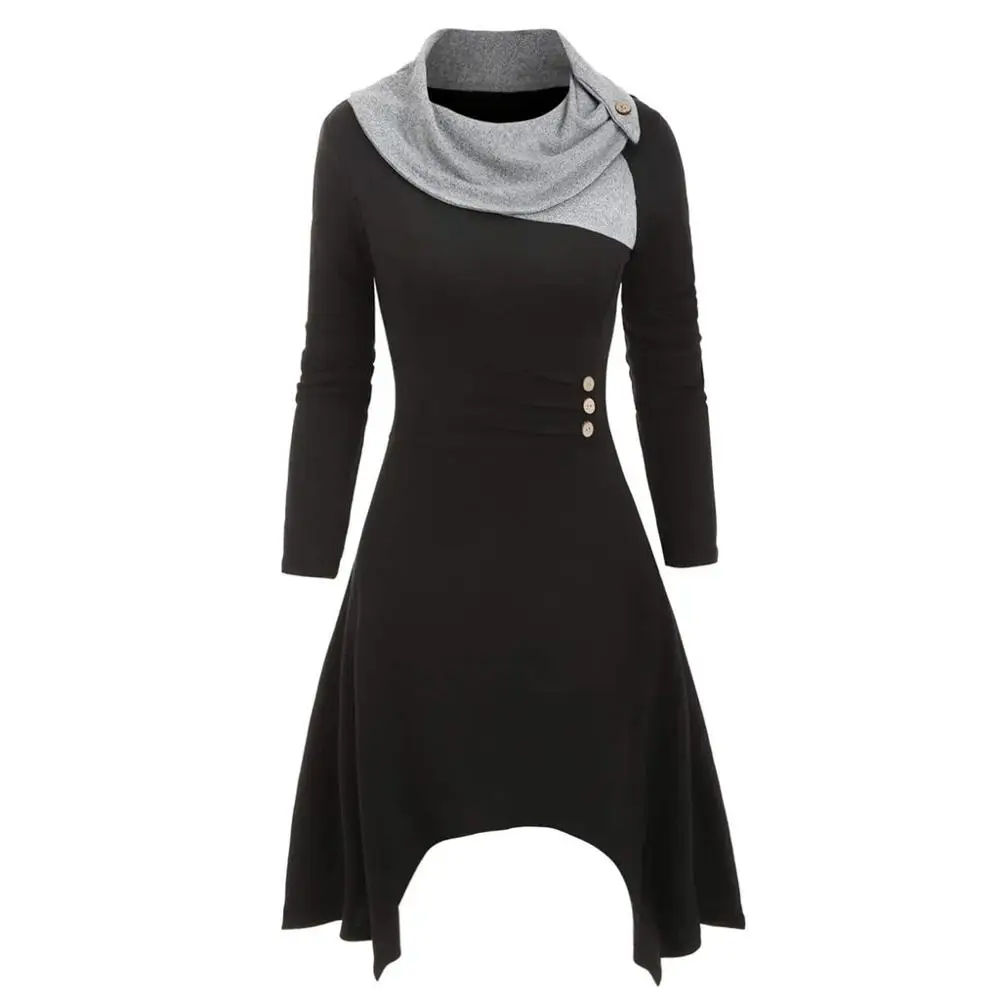Black Dress Новинка, женское платье, модное, размера плюс, шарф, на пуговицах, до середины икры, пэчворк, ассиметричное, трикотажное платье, vestidos платье - Цвет: Black Dress
