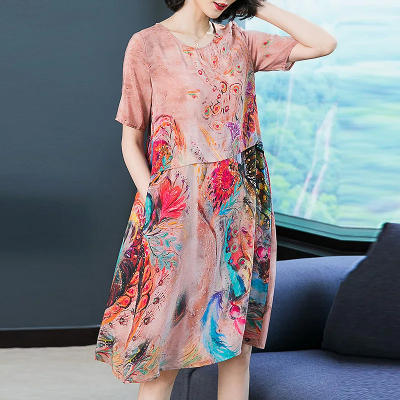 

2019 New Style Spring And Summer Faux Silk Dress Women's Mid-length Elegant Printed Mulberry Silk Debutante Beach Holiday Skirt