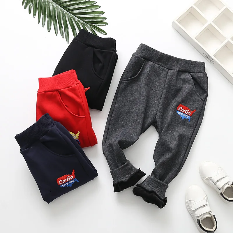 

2018 Winter plus Velvet Children Casual Pants Korean-style Children Cartoon Embroidered Knitted Sports Trousers