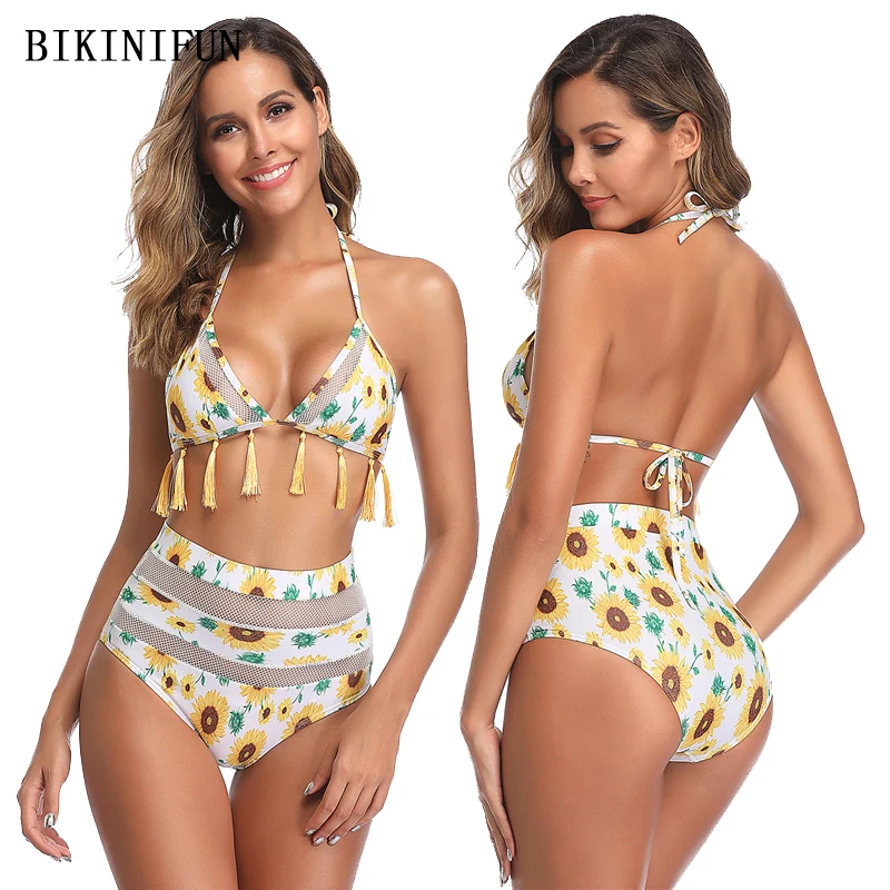 

2020 New Sexy Floral Swimsuit Triangle Bralette Swimwear Fringe Tassel Beachwear S-XL Girl High Waist Bathing Suit Bikini Set