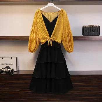 

HAMALIEL New Women Two Piece Set Autumn Dot Print Yellow Chiffon Lace Up Shirt + Strapless Ruffles Black Dress Fashion Skirt Set