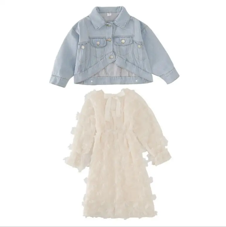 

Teenage 2019 New Children Baby Fall Fashion Sets, Jean Coat + Floral Dress 6 sets/lot, Wholesale