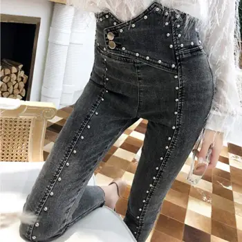 

2020 autumn fashion Beaded skinny jeans women high waist zipper ankle length pencil jeans