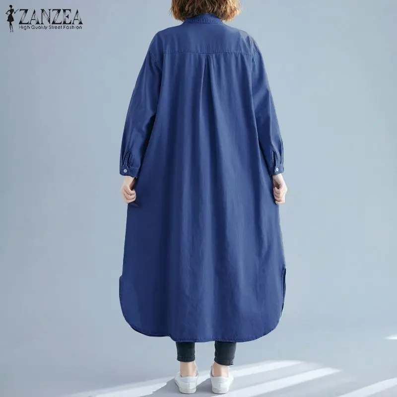 Женское длинное Макси-платье ZANZEA, элегантное женское Повседневное платье на пуговицах, Женские однотонные платья с длинным рукавом и карманами, сарафан для вечеринки