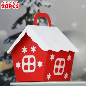

20pcs New Xmas House Shape Gift Bags Christmas Candy Box Cookies Pouch Boxes Baptism Container Gift Box Party Supplies