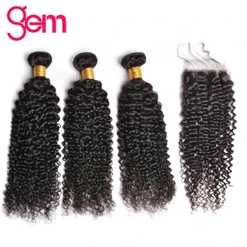 

Mongolian Afro Kinky Curly Hair with Closure 100% Human Hair 3 Bundles With Closure Free Part GEM Remy Hair Bundles With Closure