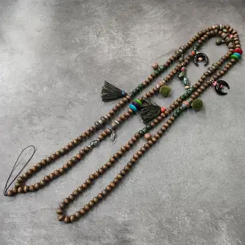 

Long Mobile Phone Green Wood Bead Phone ID Card Badge Holders DIY Fashion Jewelry Accessory for summer beach necklace