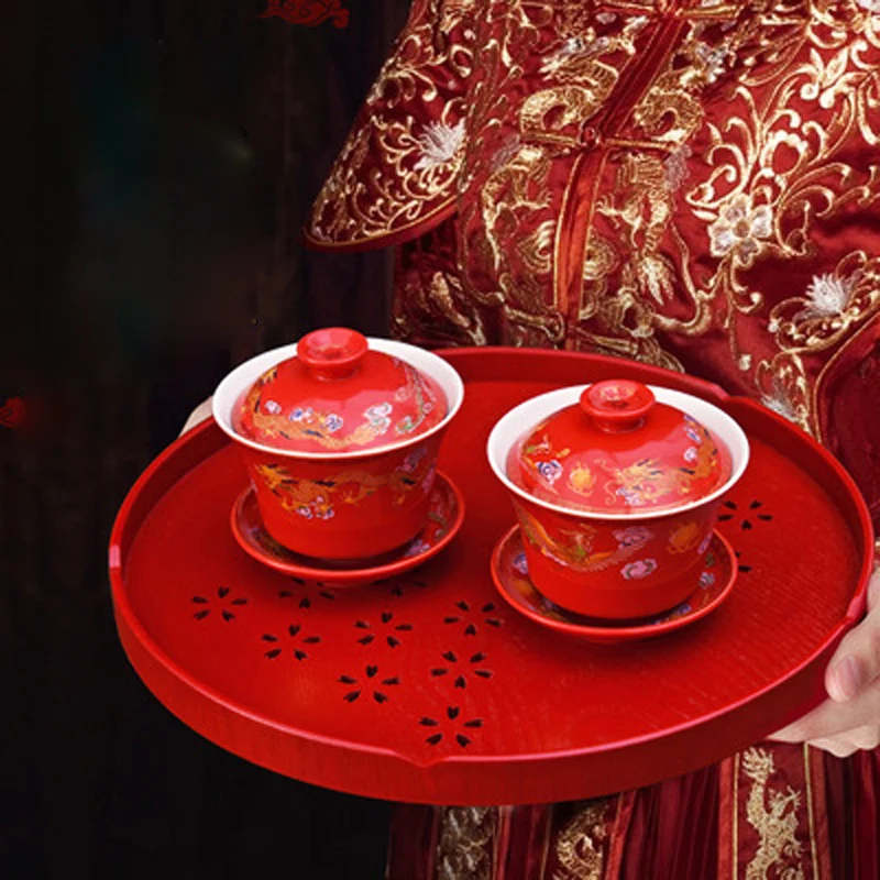 Round Rectangle Wooden Tea Tray, Chinese Dish, Tea Cup Tray, Wedding Red Plate for Home
