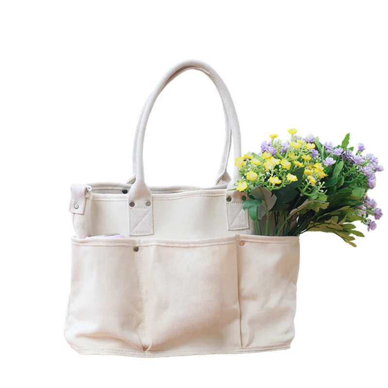 

new literary women's bag Canvas Cotton Tote Bag with Extra Six Pockets on Front and Back Side handbag Messenger Bag