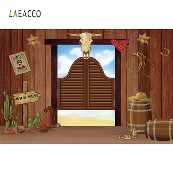 

Laeacco Wild West Photophone Wood Wall Door Bull Head Barrel Cactus Photography Backdrops Baby Birthday Photo Backgrounds Props