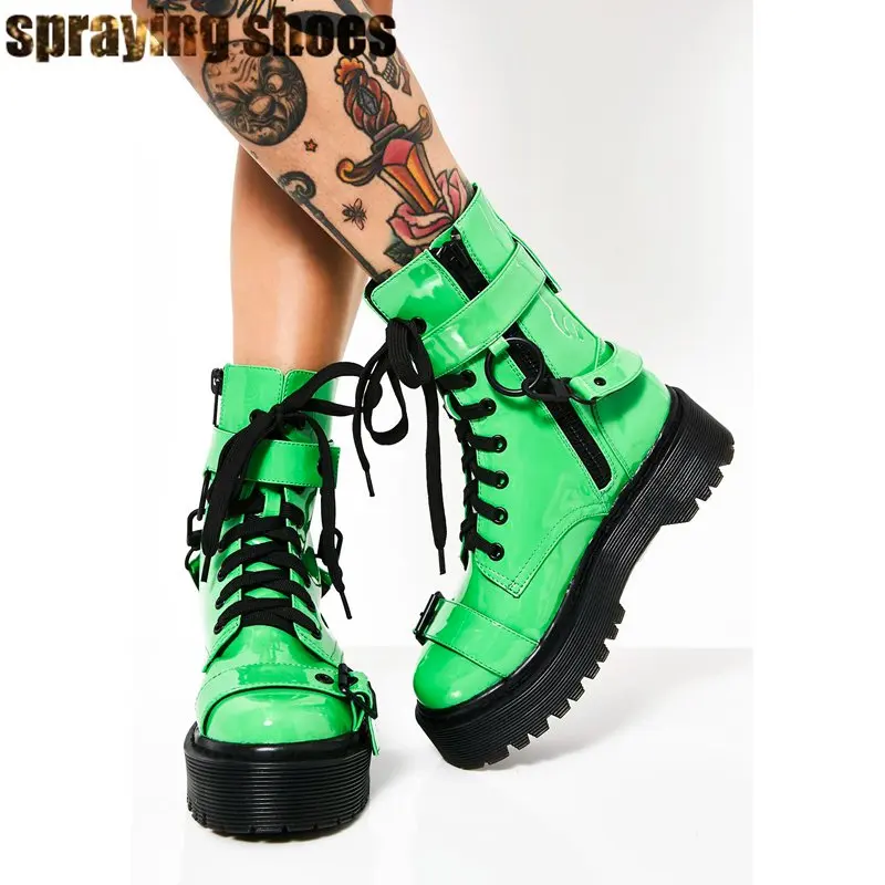 Neón verde Martens botas mujer punta redonda plataforma tobillo botas Dr  moto botas Sexy señoras pasarela fiesta zapatos invierno botines|Botas  hasta el tobillo| - AliExpress