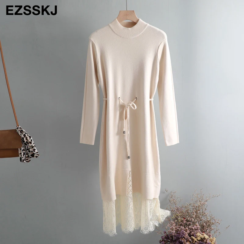 elegant O-neck loose long Thick Sweater dress women Autumn Winter lace Drawstring dress Femme Lace Up loose robe Knitted dress