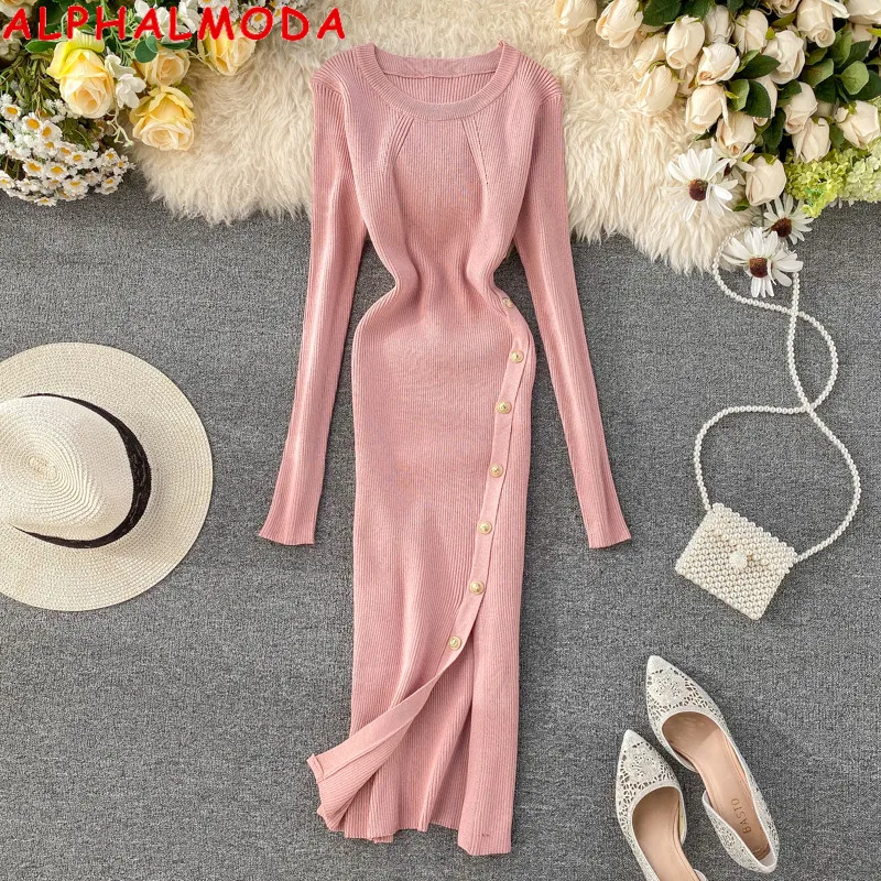 Женское вязаное платье ALPHALMODA пуловер с длинным рукавом на пуговицах разрезом в