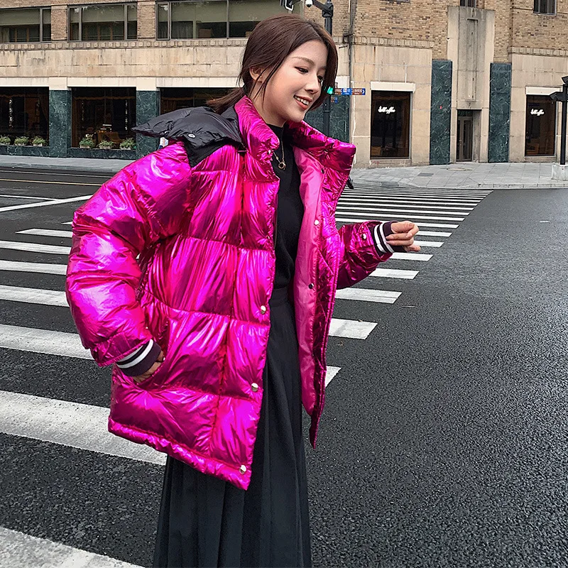 

Photo Shoot 2019 Winter New Style Star Celebrity Style Shiny Silver Color Loose Thick Mid-length down Jacket Coat Men And Women