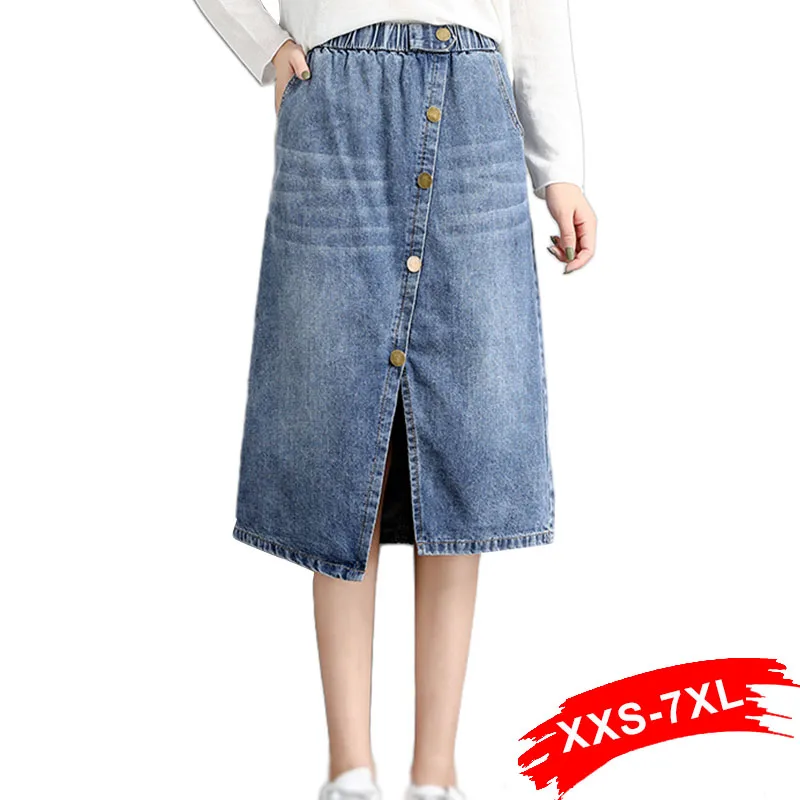 

Plus Size Button Up Front Split Asymmetrical Jeans Skirts 3XL 5XL 7XL Streetwear Elastic Waist Irregular Chic Calf Skirts