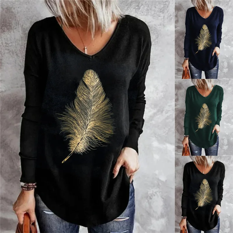 2022 Women's Fashion New Feather Printed Casual V-Neck Top Elegant Loose Hedging Long Sleeve T-Shirt Spring And Autumn Apparel