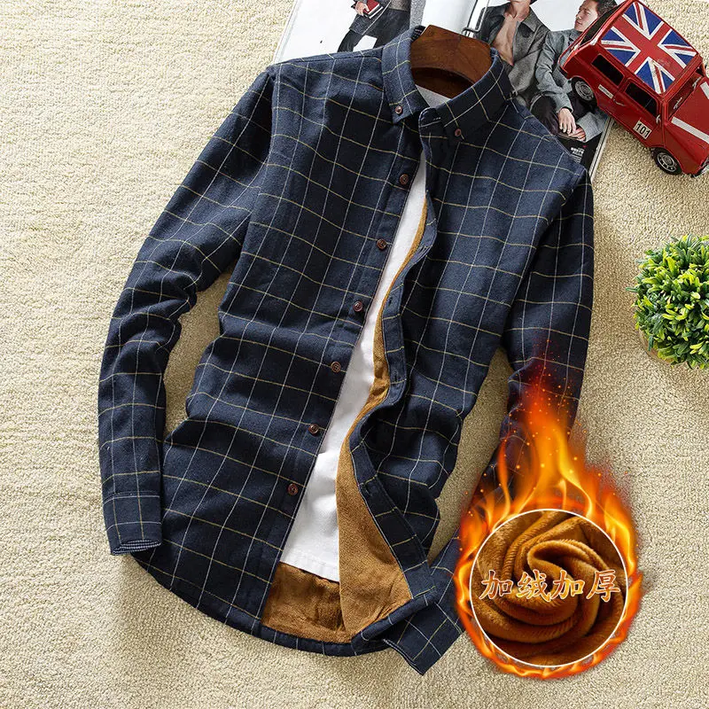 Plaid 02 4XL 5XL большой размер мужская деловая Повседневная клетчатая рубашка с длинными рукавами бархатная Толстая Теплая мужская деловая платье-рубашка в полоску плюс - Цвет: Plaid 02
