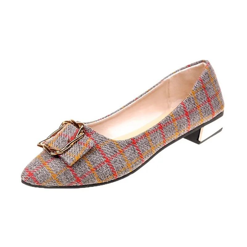 

2020 new spring and summer fashion women's elegant plaid pointed toe flat shoes flat metal buckle wild female shoes J15-15