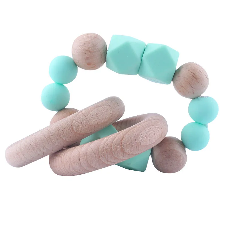 Baby Teether Bracelet Food Grade Silicone Teether Wooden Teether Ring Nursing Safe Organic 2pc Bangle Teether Toys