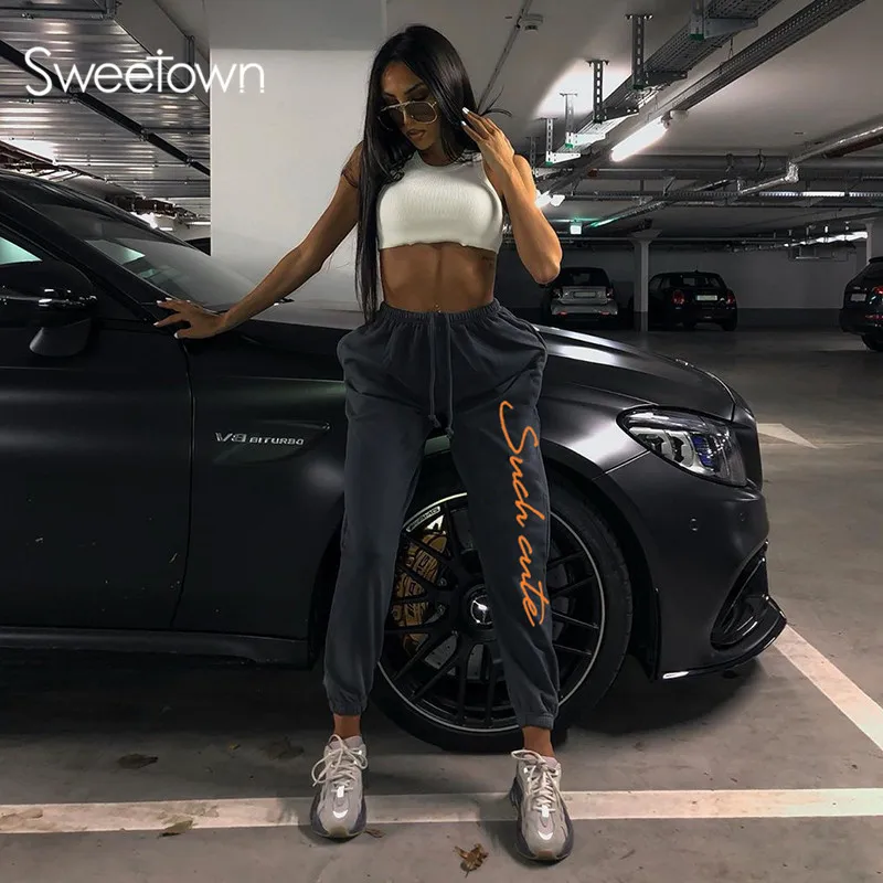 Sweetown Casual Loose Baggy Jogger Sweatpants Women Letter Embroidery Workout High Waisted Trousers Hip Hop Streetwear Pants Sweetown Casual Loose Baggy Jogger Sweatpants Women Letter Embroidery Workout High Waisted Trousers Hip Hop Streetwear Pants