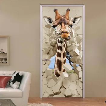 

Broken Wall Giraffe Sticker For Door 3D Imitation Wallpaper Home Furniture Renovation Decor PVC Waterproof Self Adhesive Posters