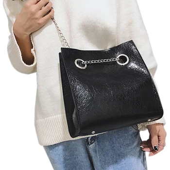 

Tote Female Bag Burst Crack Chain Shoulder Messenger Bag Pu Leather Rivet Large Capacity Mobile Ladies Bags For Women(Black)