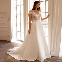 

Elegant Satin Bridal Dresses For Bride Off Shoulder Wedding Gown Floor Length With Sequin Plus Size Sheer Neck Vestidos Novia