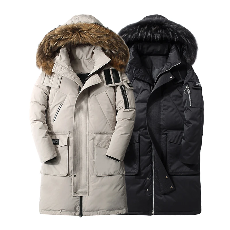 Men Long Down Parkas Warm Big Fur Collar Windproof Detachable Hat Jacket Fashion Hooded Zipper Outerwear Male Snow Overcoat 2022 black puffer