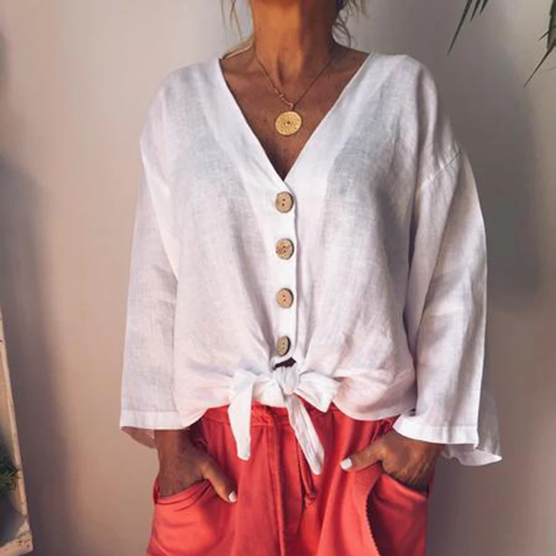 Новые повседневные свободные женские рубашки Осенняя мода V шеи плюс размер Блузка длинный рукав пуговицы рубашка женские топы уличная