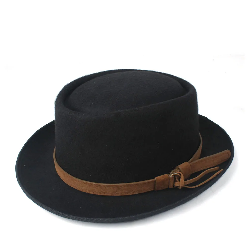 Женская Мужская шляпа-пирожок с поясом Fedora Hat для джентльмена шерстяная плоская Фетровая Шляпа Чародей шляпка для церкви
