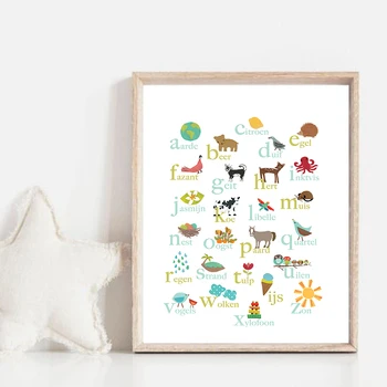 

Dutch Alphabet Canvas Prints Educational Wall Art Picture Woodland Animals With ABC Letters Poster Gender Neutral Nursery Decor