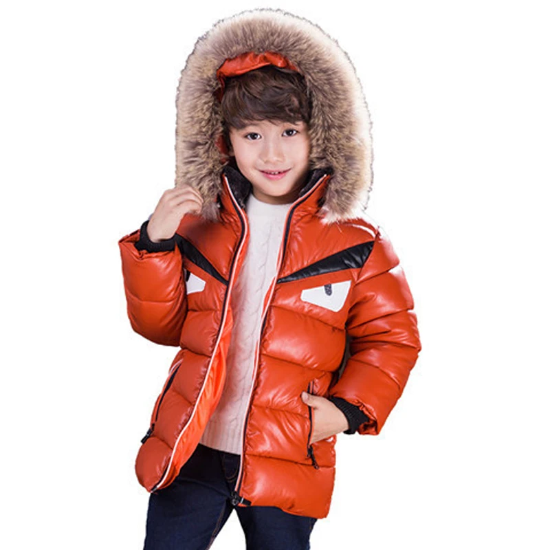 

-30 Degree 2019 Winter Boy Leather Jacket Children Plus Velvet Thickening Jacket Kids Fur Collar Hooded Warm Parkas Outwear