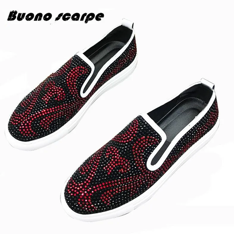 

Buonoscarpe New Designer Men Red Silver Glitter Rhinestone Platform Casual Flats Shoes Loafers Male Wedding Prom Shoes Loafers