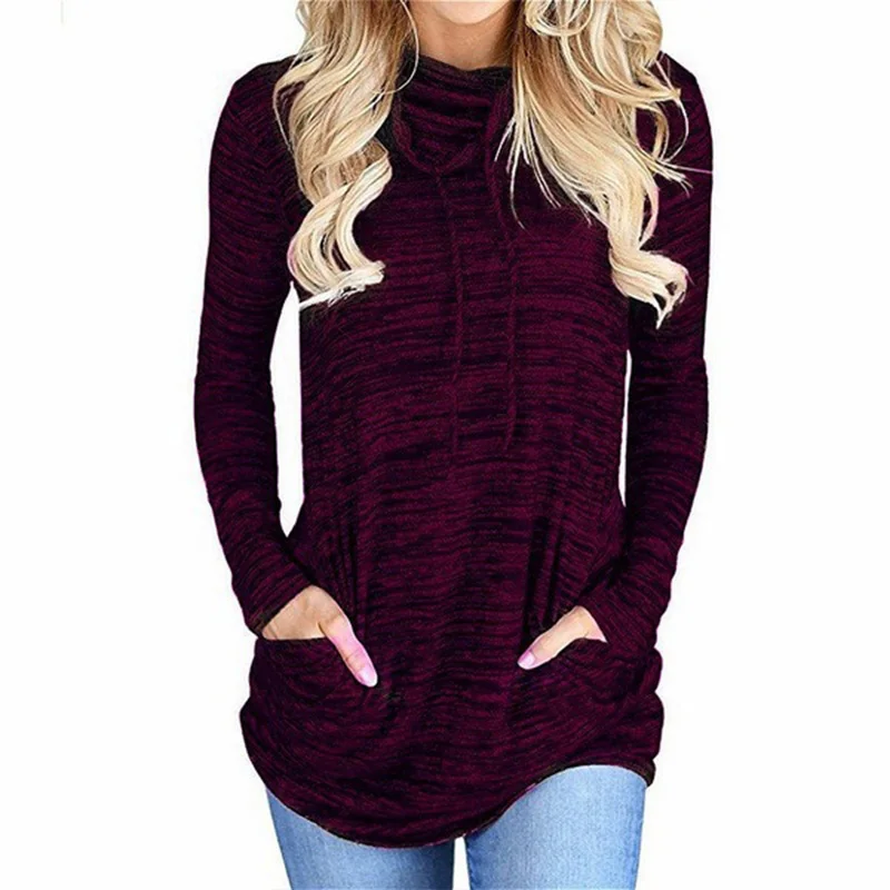 Red wine Spring Autumn Pocket Casual Long Coat Women T-Shirt Round neck Long-Sleeved Slim Ladies fashion Streetwear T-shirt Top - Цвет: Red wine