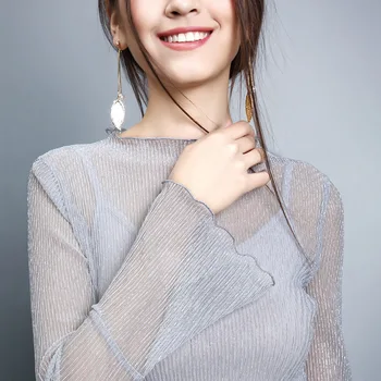 

Summer new high-necked long-sleeved mesh sleeves solid color T-shirt women red