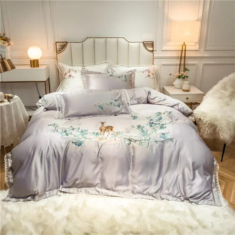 Liv-Esthete роскошный набор белых постельных принадлежностей с вышитыми цветами и оленями, набор пододеяльников из шелковистого хлопка, наволочка, двуспальное постельное белье для кровати кинг-сайз - Цвет: 04