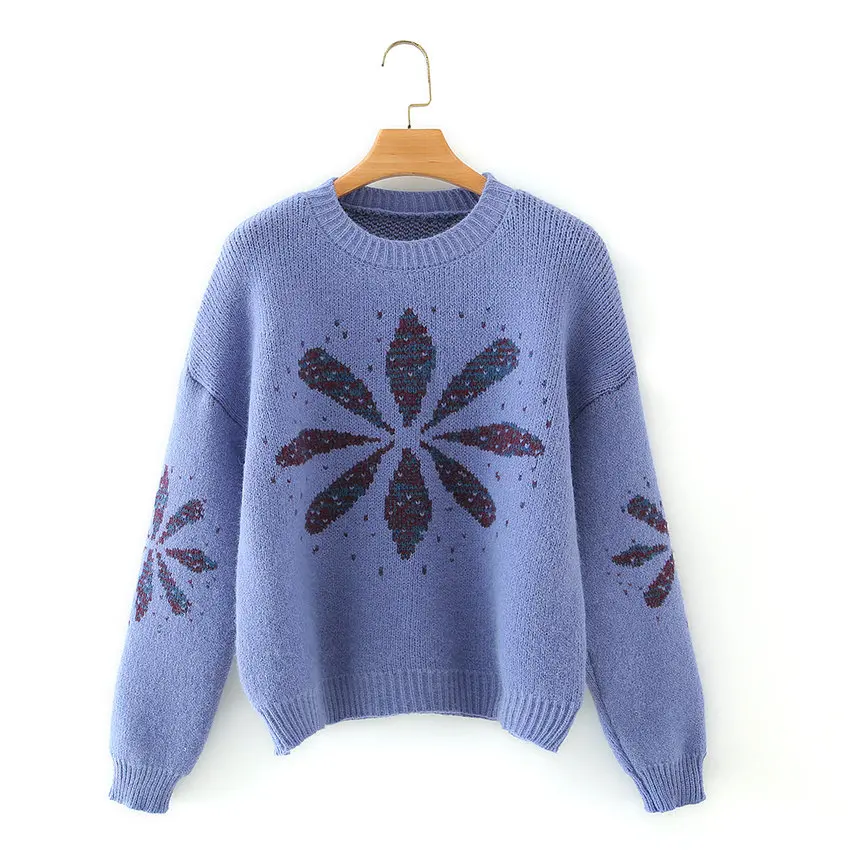 

Purple Sweater Women Autumn Winter Warm Soft Pullover Flower Pattern O-neck Drop Shoulder Oversize Jumper Mujer Plain Knitwear