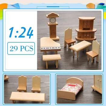 

New 29Pcs/Set 3D Dollhouse Miniature Unpainted Wooden Furniture Suite 1/24 Scale Model Doll Toys Kids Toys For Children Gift