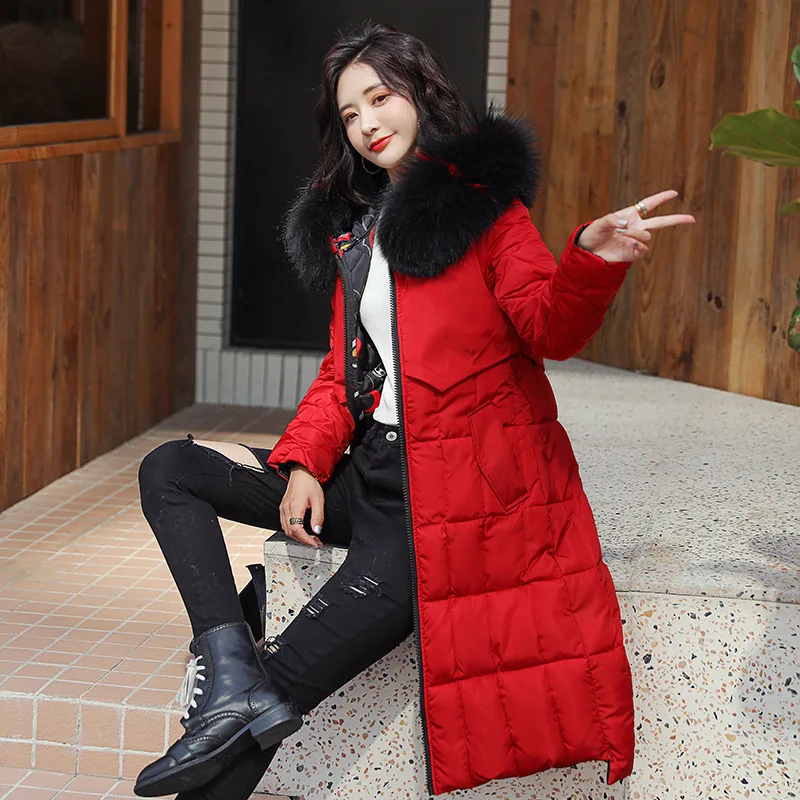 Новое поступление, зимняя куртка для женщин с длинным принтом, с капюшоном, из искусственного меха, зимнее пальто с хлопковой подкладкой, женская верхняя одежда, парки - Цвет: Красный