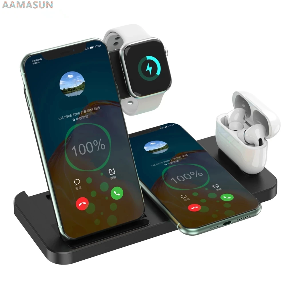Aamasun 15W Wireless Charger Station 4 In 1 Charging Stand for IPhone 12 11 X XS XR Airpods Apple IWatch SE 6 5 4 Charge Station