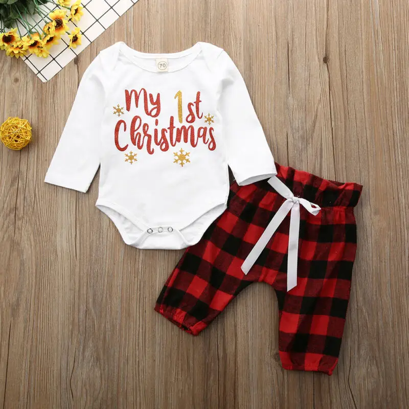 Рождественская Одежда для новорожденных мальчиков и девочек 0-24 месяцев, комбинезон, топ, штаны, комплект одежды