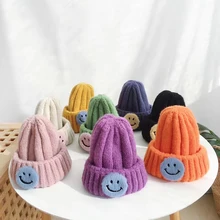 Детские зимние шапки для мальчиков и девочек, Вязаная Шерстяная Детская кепка со смайликом, детская шапка, пуловер, шапка, лидер продаж, стильная Шапочка