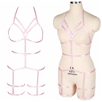 

Pink Belt Top Bust Harness Set Waist Garter Stockings Hollow Out Goth Punk Festival Gift Women Plus Size Elastic Strappy Body