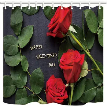 

Valentine's Day Shower Curtain, Red Rose and Green Leaf Black Background, Polyester Fabric Anti-Mildew Bath Curtain for