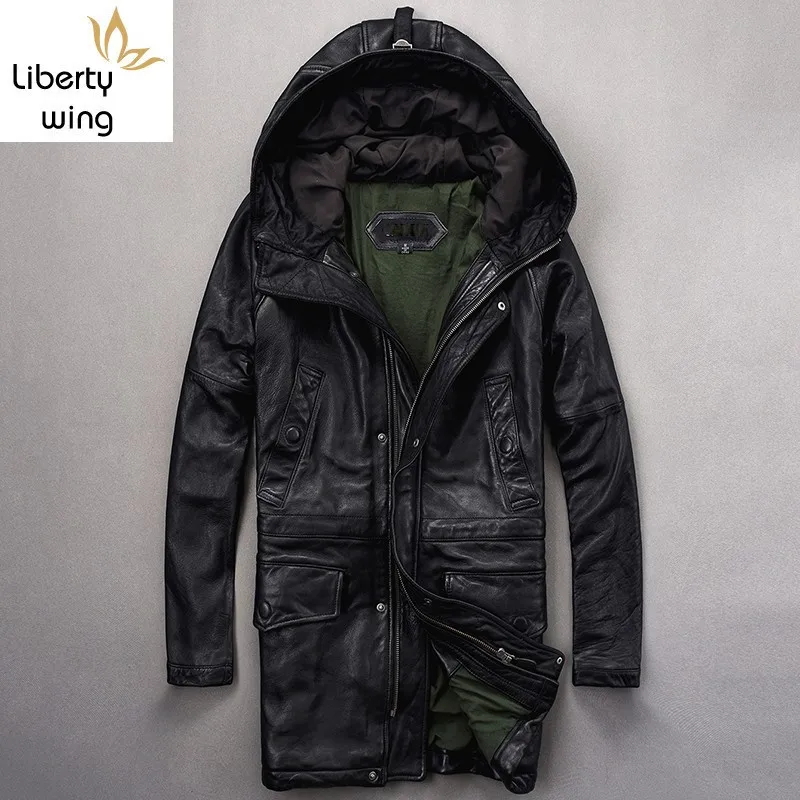 

Italy Vintage Men Long Sheepskin Natural Winter Real Leather Moto Biker Coat Top Brand Mult-Pocket Hunting Jacket