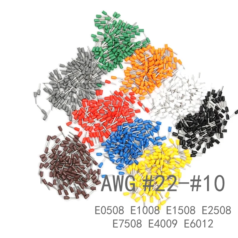 100pcs E0508 E1008 E1508 E2508 22-10 AWG Insulated Ferrules Terminal Block Cord End Wire Connector Electrical Crimp Terminator