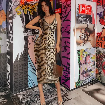 

Toplook Tiger Printed Sexy Dresses Spaghetti Strap Dress Women Sexy V Neck Animal Party Night Clubwear Summer Vestidos