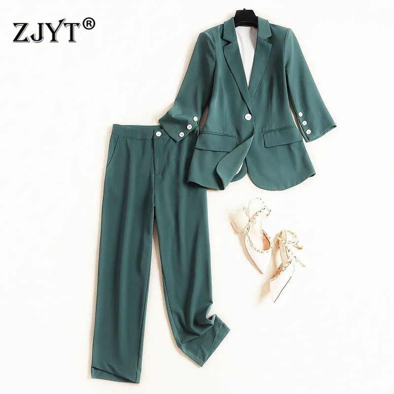 

Elegant Lady Office Blazer Suit 2019 New Designer Autumn Notched Jacket and Pencil Pants Two Piece Set Elegant Work Outfits