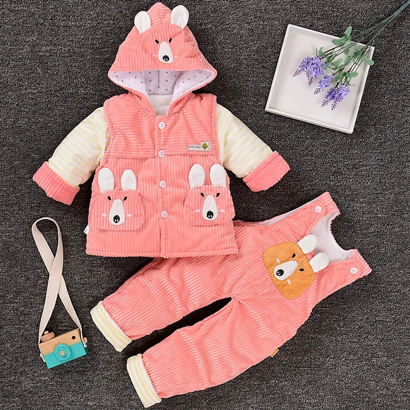 

Baby Cute Cartoon Add Cotton-Padded Warm 3Pcs/Set 0-12M Newborn Infant Clothes Autumn & Winter Soft Baby Suits