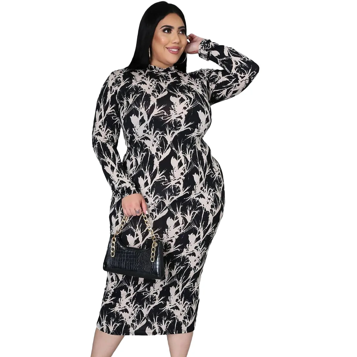 HAOOHU Vestido de manga larga con cremallera para mujer, prenda elegante  con cuello alto y estampado Floral, ajustado, ajustado, talla grande, Otoño  e Invierno|Plus tamaño Vestidos| - AliExpress